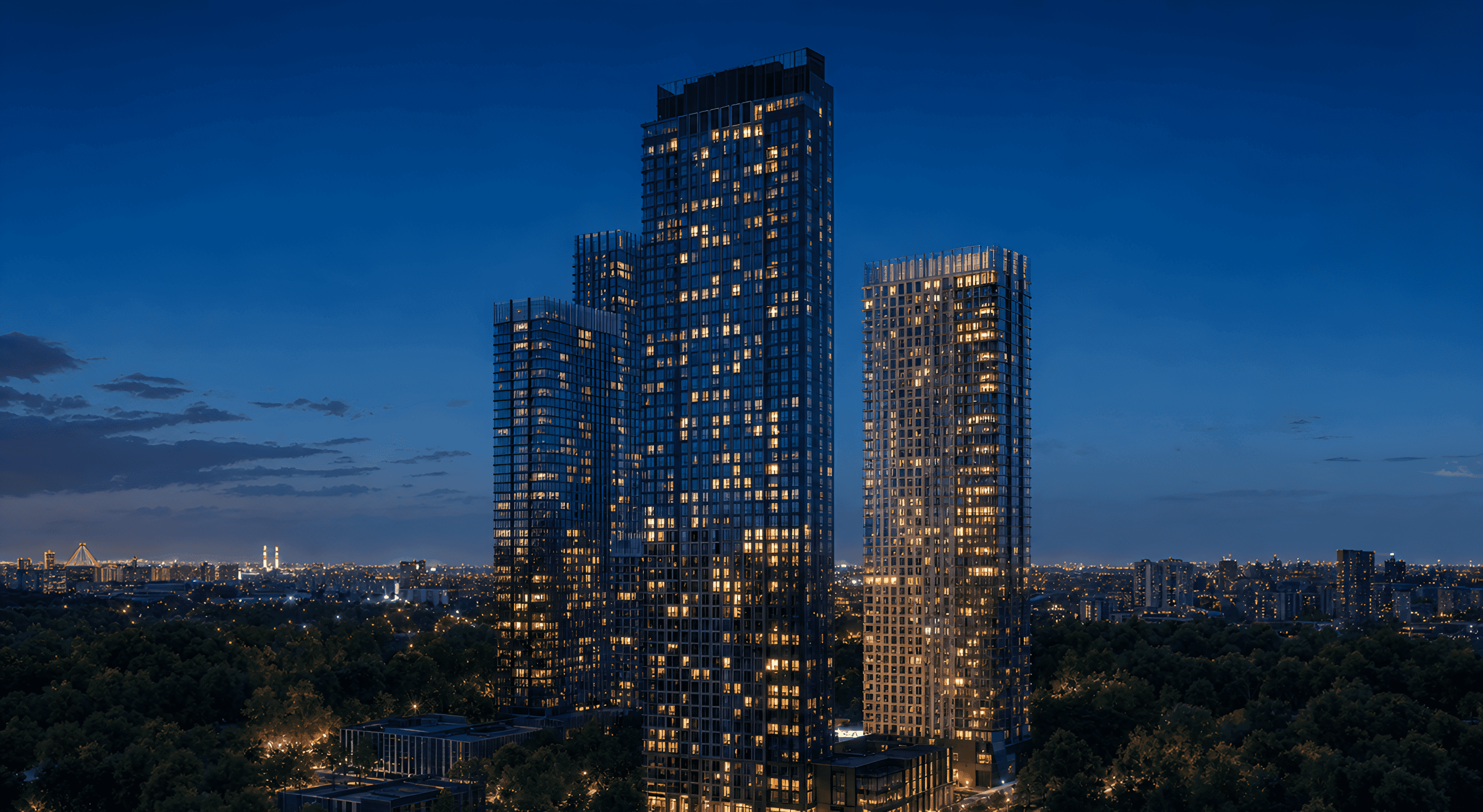 Ночные виды на город с башен Upside Towers
